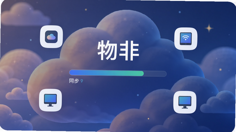展示“物非”应用的数据云端同步界面,背景为抽象云朵图案,界面中央有同步进度条,周围分布着设备图标,风格简洁现代,突出应用名称“物非”,画质清晰,无多余元素