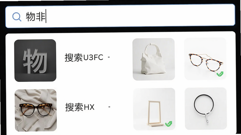 应用搜索功能演示,搜索框内有“物非”字样,下方显示搜索结果列表,包含物品缩略图与名称,界面简洁,背景为白色,强调搜索效率,画质高清,风格现代,无多余元素