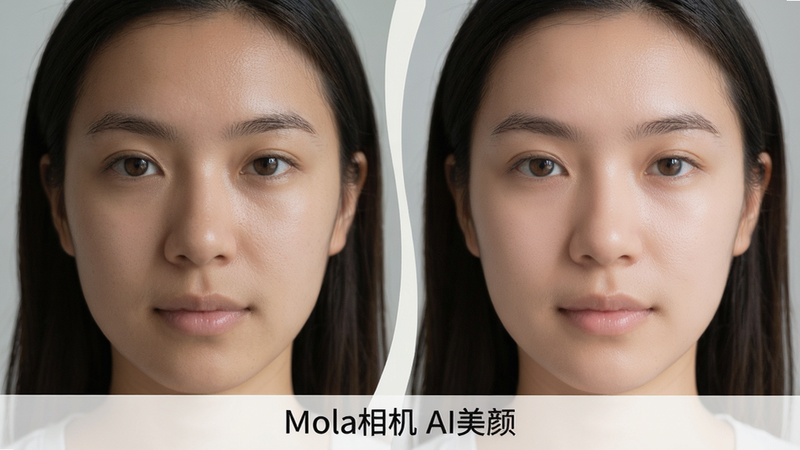 主体:一张Mola相机拍摄的对比图,左半边是未美颜的素颜女性,右半边是使用Mola相机AI美颜后的同一位女性。布局:左右对称构图,中间以一条柔和的曲线分隔。排版:图片下方添加“Mola相机 AI美颜”字样。风格:自然、清新,突出皮肤质感和光泽。细节:美颜后的皮肤明显更细腻,但毛孔和眉毛等细节依然可见。画质:高清晰度,光影过渡自然,干净,无多余元素。