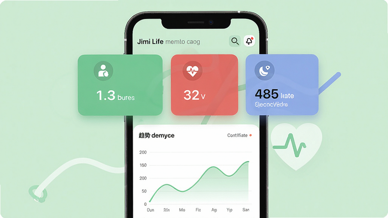 Jimi Life健康监测页面,手机展示步数、心率、睡眠时长等数据卡片,下方有趋势折线图,背景为浅绿色,图标简洁明了,画质干净,无多余元素