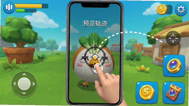 一张手机竖屏游戏截图,画面中玩家正在拖动小菜鸡瞄准,屏幕上有“预览轨迹”的虚线,旁边有金币和道具图标,整体界面整洁,色彩明亮,画质清晰。