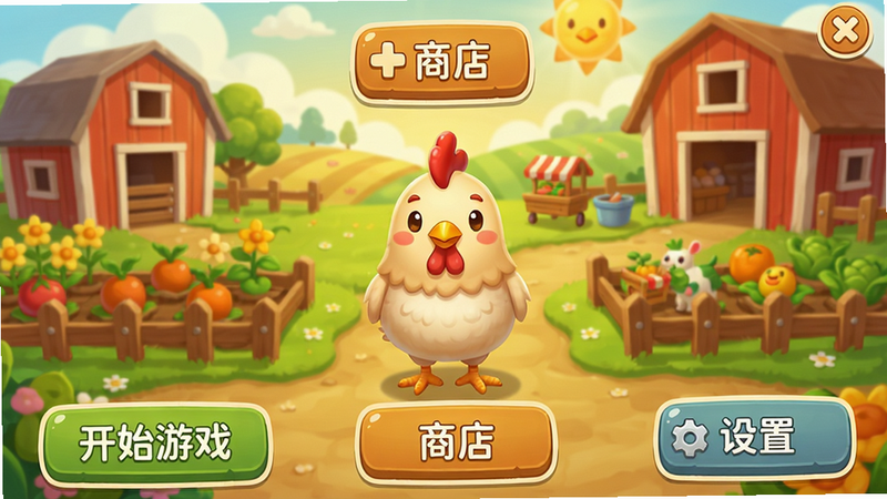游戏主界面截图,背景是欢乐的农场,小菜鸡站在中央,四周有各种功能按钮,如“开始游戏”、“商店”、“设置”,界面布局简洁,色彩温暖,画质高清,无多余文字。