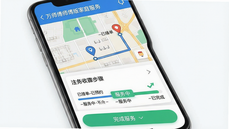 ���壺�ֻ�Ӧ�ý���չʾ����ʦ��ʦ�����ͥ���񡱵Ķ�������ҳ�棬������ͼ������������������տ���Ϣ�����֣���ͼռ���ϰ벿�֣��·�Ϊ��������������衣�Ű棺������������ʾ���ѽӵ�-��ԤԼ-������-����ɡ�����񣺱�ƽ������ɫ����ɫ���䡣ϸ�ڣ���ͼ����·�߱�ǣ�������������ʾ�������С����ײ��С���ɷ��񡱰�ť�����ʣ����壬�ɾ����޶���Ԫ�ء�