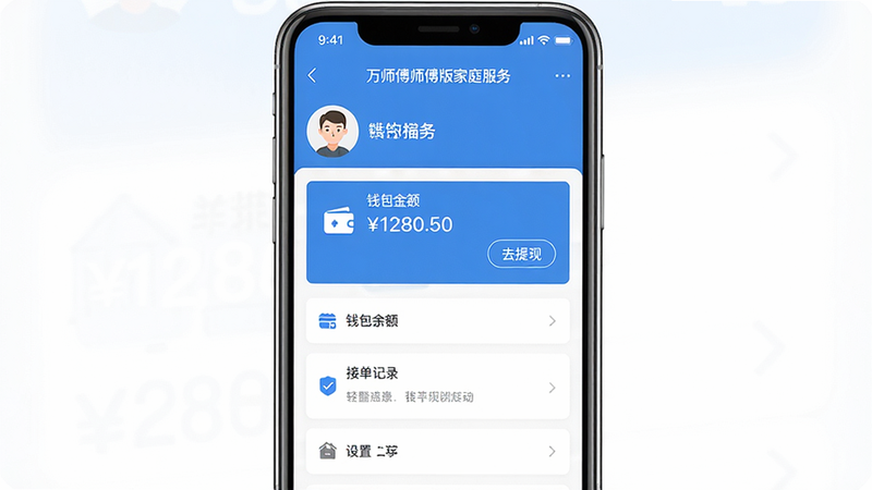 ���壺һ���ֻ���ʾ����ʦ��ʦ�����ͥ���񡱵ġ��ҵġ�ҳ�棬����Ǯ�����ӵ���¼������ѡ����֣��ֻ����У�ҳ�涥����ʾͷ����ǳƣ��·�Ϊ�����б����Ű棺������࣬��ť�������롣��񣺱�ƽ����������ɫ��ϸ�ڣ�Ǯ�������ʾ��1280.50�����С�ȥ���֡���ť�����ʣ����壬�ɾ����޶���Ԫ�ء�