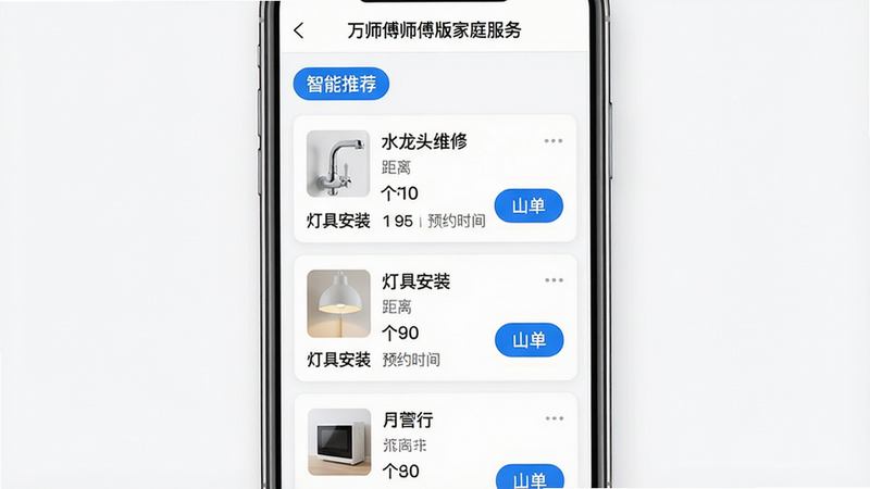 ���壺�ֻ�Ӧ�ý���չʾ����ʦ��ʦ�����ͥ���񡱵Ķ�������ҳ�棬�����С������Ƽ�����ǩ���·����ж��������Ƭ�����֣��ֻ����У�������Ƭ�������У�����չʾ������Ŀ�����롢�۸��ԤԼʱ�䡣�Ű棺������������ť��Ŀ����񣺼���ƽ������ɫ��������ɫ��ɫ����ϸ�ڣ�������Ƭ����ʾ��ˮ��ͷά�ޡ������ƾ߰�װ���������������С���������ť�����ʣ����壬�ɾ����޶���Ԫ�ء�