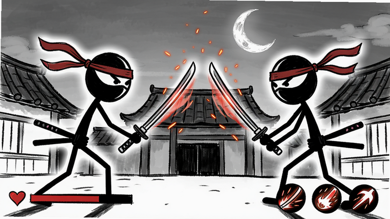 主体:火柴忍者大战游戏主界面,两个火柴人忍者手持武士刀对峙,背景是日式屋顶与月亮。布局:人物居中,左右对称,战斗姿态。排版:UI简洁,血条和技能图标在屏幕底部。风格:线条手绘,黑白红配色,动感特效。细节:忍者头巾飘动、刀光残影、火星粒子。画质:高清,干净,无多余元素。