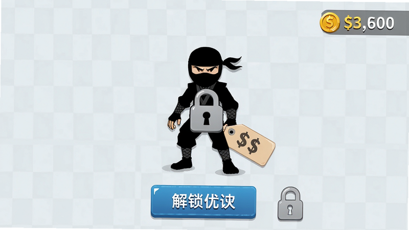 主体:火柴忍者大战角色解锁界面,一个角色被锁定,显示金币价格。布局:角色立绘居中,解锁按钮在下方。排版:金币数量显示在右上角。风格:简洁明快,锁定图标清晰。细节:角色剪影,价格标签。画质:高清,干净,无多余元素。