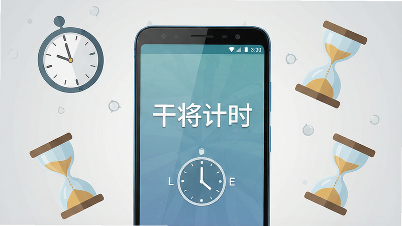 画面主体为一部亮屏的安卓手机,屏幕正中央显示“干将计时”四个大字及简约的计时界面,背景为浅灰色渐变,手机周围漂浮着时钟、沙漏等时间元素,整体排版干净、现代,采用扁平化设计风格,细节质感细腻,画质高清,干净无多余元素。