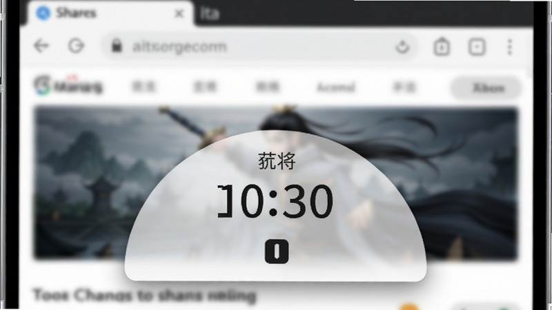 手机屏幕上半部分显示浏览器界面,下半部分悬浮着一个半圆形的干将计时悬浮窗,悬浮窗上显示时间数字与暂停图标,悬浮窗边缘有柔和阴影,背景为网页内容模糊效果,整体布局强调悬浮窗的实用性,风格现代,画质高清,干净无多余元素。