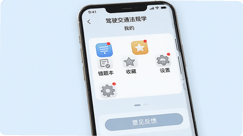 画面主体为手机竖屏显示“驾驶交通法规学”的“我的”页面,包含“错题本”、“收藏”、“设置”三个入口,底部有“意见反馈”按钮。布局简洁,风格清新,背景为淡蓝色,图标采用圆角方形,细节有红点提醒标记,画质干净无多余元素。