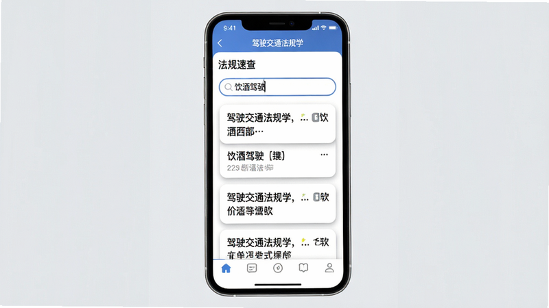 画面主体为打开的手机应用“驾驶交通法规学”,屏幕显示“法规速查”页面,搜索框内输入“饮酒驾驶”,下方列出条文列表。布局采用上下结构,顶部为搜索栏,中间为条文卡片,底部为导航栏,风格简约,细节有卡片阴影和圆角设计,画质通透,背景为淡灰色,无多余元素。