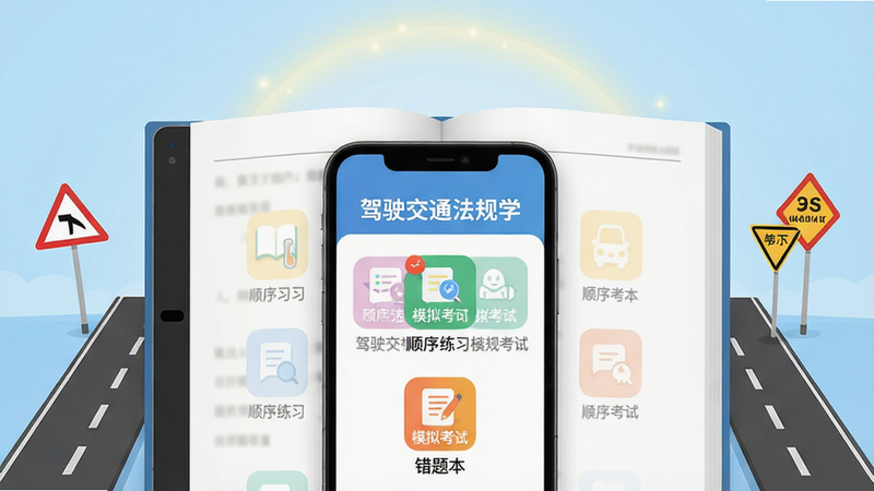 画面主体为一本翻开的电子书与手机屏幕交叠,屏幕内显示“驾驶交通法规学”主界面,包含“顺序练习”、“模拟考试”、“错题本”三个彩色图标。布局采用中心对称,上方有柔和的光晕,背景为浅蓝色渐变,风格扁平化设计,细节处有道路标线和交通标志作为点缀,画质高清干净,无多余元素。