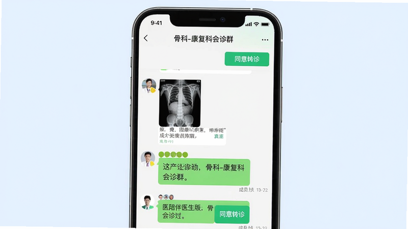 画面主体为手机界面展示“医陪伴医生版”的团队协作群聊,顶部显示“骨科-康复科会诊群”,消息列表中有医生发送的X光片和文字讨论。布局以手机界面为主,置于浅蓝色背景中央。风格为界面截图展示风格,细节包括屏幕上的“同意转诊”绿色按钮和成员头像列表,画质干净,无多余元素。