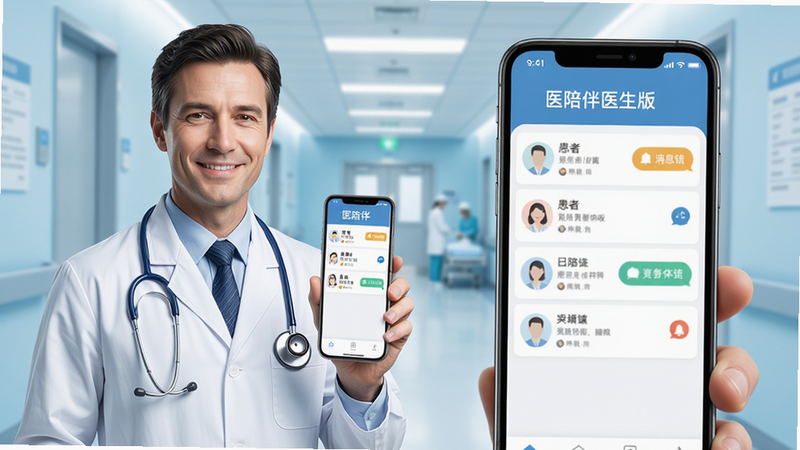 画面主体为一位穿着白大褂的男医生,面带微笑,手持智能手机,手机屏幕上显示着“医陪伴医生版”的界面,界面中有患者列表和消息提醒图标。布局采用左三分之一为医生半身像,右侧三分之二为手机界面特写,背景为淡蓝色的现代化医院走廊,风格写实明亮,细节包括医生胸前的听诊器和手机界面上清晰的“医陪伴”字样,画质高清,干净无多余元素。