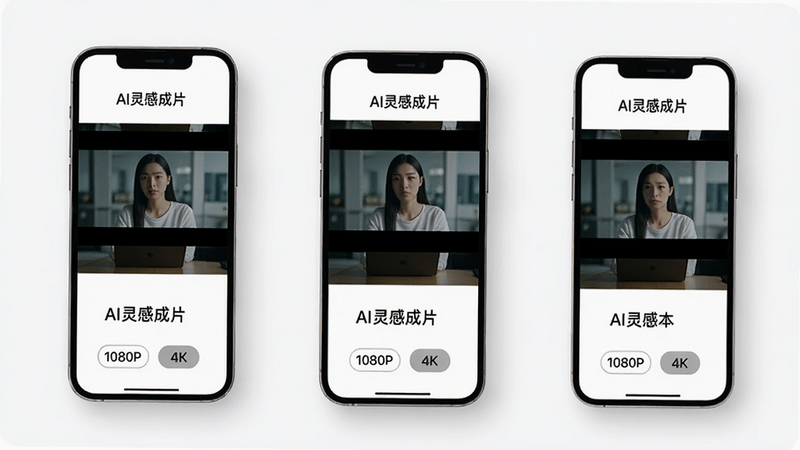 主体:展示AI灵感成片不同比例的视频输出效果;布局:三个不同比例的手机屏幕并排,屏幕中显示视频画面,下方有分辨率选项;排版:水平排列,对比明显;风格:简洁商务风,白色背景搭配浅灰色阴影;细节:每个屏幕上有“AI灵感成片”字样,分辨率选项有1080P和4K标签,画面内容清晰;画质:超清,干净无多余元素