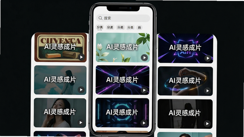 主体:手机屏幕展示AI灵感成片模板库,网格状排列多个视频模板缩略图;布局:手机居中,模板缩略图整齐排列,每个缩略图上有“AI灵感成片”水印;排版:网格布局,简洁清晰;风格:现代UI设计,模板封面风格多样,有复古、清新、炫酷等;细节:每个模板缩略图右下角有播放按钮,界面顶部有搜索栏和分类标签;画质:高清,干净无多余元素