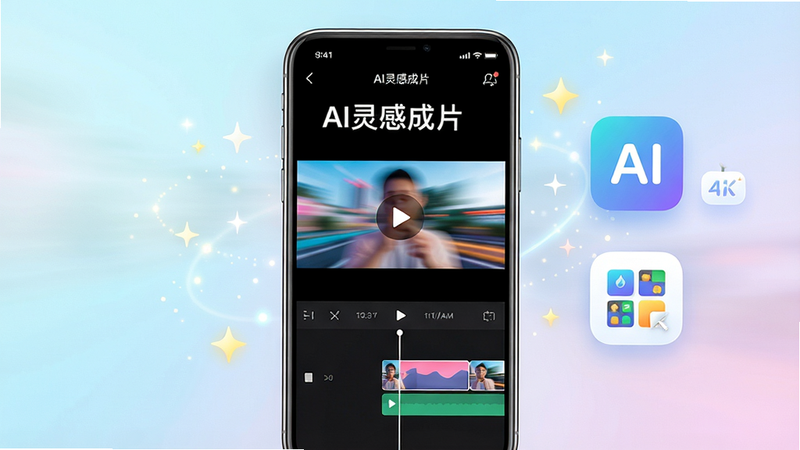 主体:一部智能手机屏幕显示AI灵感成片APP界面,界面中有生动的视频预览和智能剪辑时间线;布局:手机居中,屏幕内容清晰可见,右侧有悬浮的AI智能图标和素材库图标;排版:简洁明了,突出手机和APP界面;风格:现代科技感,明亮通透,色彩鲜艳但不刺眼;细节:屏幕中显示“AI灵感成片”字样,视频画面有动态模糊效果,周围有星星点点的光效;画质:4K超清,干净无多余元素