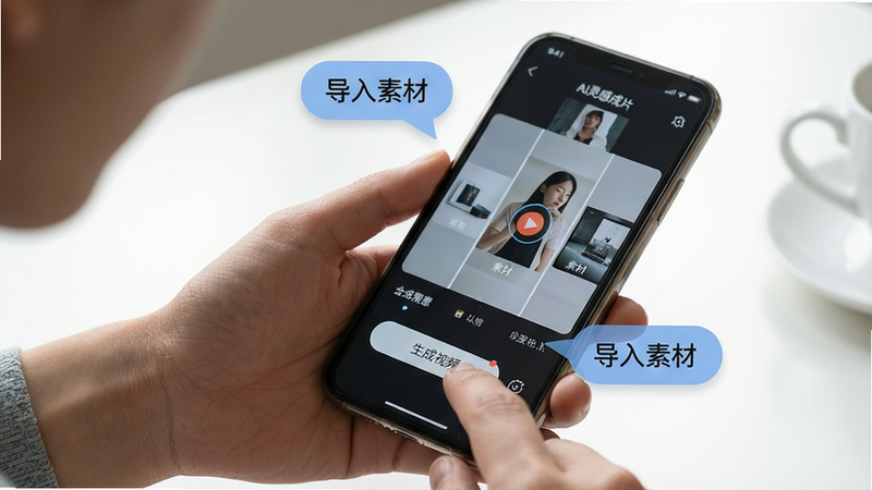 主体:一个用户正在手机上使用AI灵感成片,屏幕显示操作界面;布局:用户手部特写,手机屏幕清晰,周围有操作提示气泡;排版:聚焦手机屏幕和手指动作;风格:写实摄影风格,光线柔和;细节:屏幕中有“AI灵感成片”界面,手指点击“生成视频”按钮,气泡提示“导入素材”;画质:高清,干净无多余元素