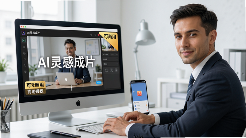 主体:一个商务人士正在使用AI灵感成片制作商业视频,屏幕显示“可商用”标签;布局:人物坐在办公桌前,电脑屏幕和手机并排,屏幕上显示AI灵感成片界面;排版:突出人物和屏幕内容;风格:商务写实风,色调明亮;细节:屏幕上有“AI灵感成片”字样,角落有“商用授权”徽章,人物表情自信;画质:高清,干净无多余元素