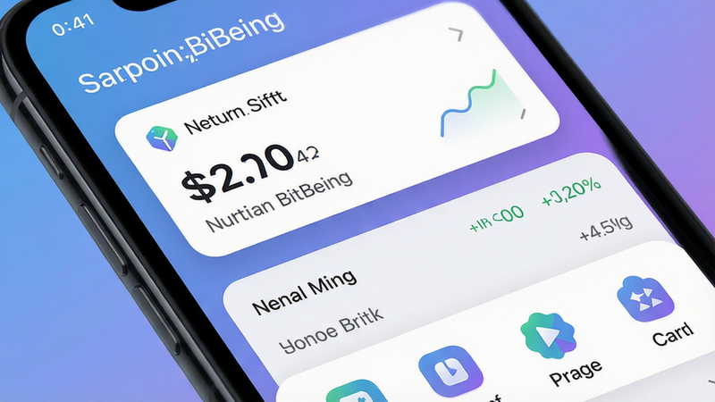一张智能手机屏幕特写,屏幕上清晰显示“比特纪BitBeing”应用主界面,界面布局简洁现代,上方为资产总览卡片,下方为行情列表与功能图标,背景为柔和的蓝紫色渐变,整体风格科技感十足,画质高清,干净无多余元素