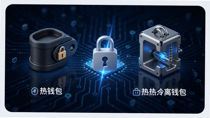 比特纪BitBeing冷热钱包分离功能示意图,左侧为热钱包标识,右侧为冷钱包标识,中间以加密锁图标隔开,背景为深蓝色科技感纹理,图标立体感强,文字标签清晰,整体风格专业严谨,画质高清