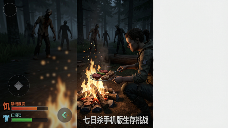 垂直构图游戏演示图,主体是角色蹲在篝火旁烤制食物,界面左下角显示饥饿度与口渴度条,背景是昏暗的森林与远处游荡的丧尸剪影,风格写实且带有紧张氛围,细节展示火焰粒子效果与食物模型,画质高清干净,无多余元素,图片下方标注“七日杀手机版 生存挑战”