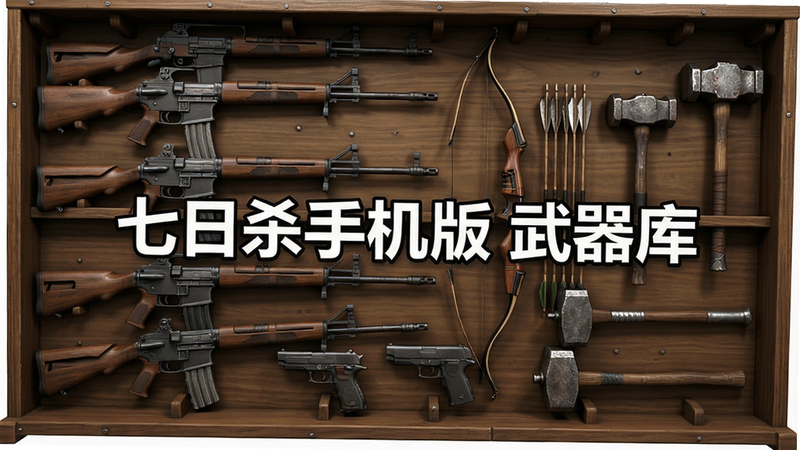 一张展示武器墙的截图风格图片,主体是木制武器架上整齐排列着各种枪械与近战武器,包括步枪、手枪、弓箭与铁锤,布局采用平行视角,风格写实,细节突出武器金属质感与木架纹理,画质干净清晰,无多余元素,图片中部标注“七日杀手机版 武器库”