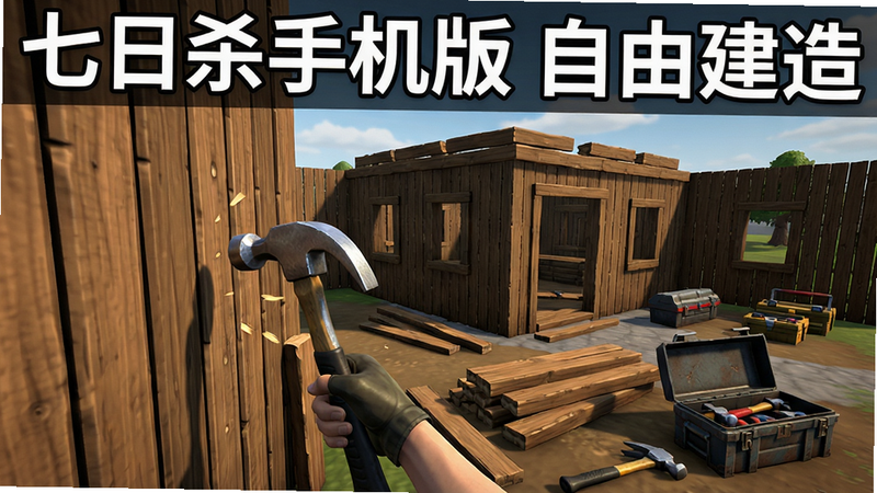 游戏内截图风格图片,主体是玩家正在用锤子敲打木制墙壁进行加固,画面中央是半成品的基地建筑,周围散落着木材与工具箱,布局采用中心构图,风格为写实3D渲染,细节展现木纹质感与工具金属光泽,画质清晰干净,无多余元素,图片上方标注文字“七日杀手机版 自由建造”