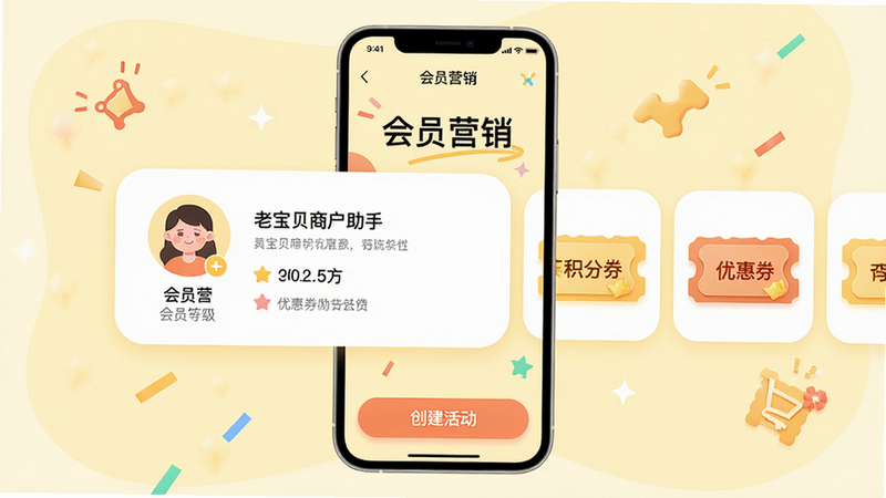 ���壺�ֻ�����չʾ���ϱ����̻����֡��Ļ�ԱӪ��ҳ�棬������Աͷ�񡢵ȼ������֡��Ż�ȯͼ�ꡣ���֣��ֻ����У���Ա��Ƭ���򻬶�������Ϊ����ɫ���Ű棺��ƬԲ����ƣ���Ϣ��η�������񣺻������ִ���ϣ�ͻ��Ӫ����Χ��ϸ�ڣ���Ļ������ʾ����ԱӪ�������⣬�ײ��С����������ť�����ʣ����壬�ɾ����޶���Ԫ�ء�