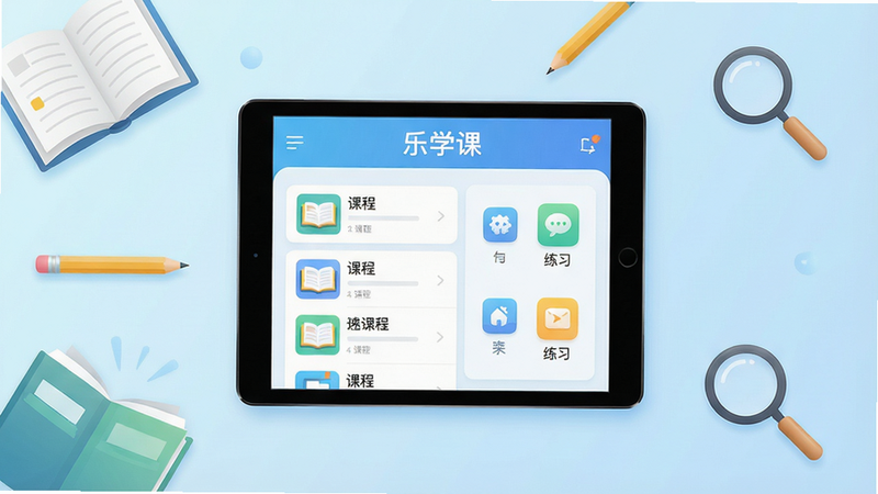 一幅现代简约风格的教育软件宣传图,主体是一个平板电脑屏幕,屏幕上显示“乐学课”APP界面,界面中有课程列表和练习图标,背景是淡蓝色渐变,周围有书本、铅笔、放大镜等学习元素点缀,布局居中,排版清晰,风格清新明亮,细节丰富,画质高清,干净无多余元素