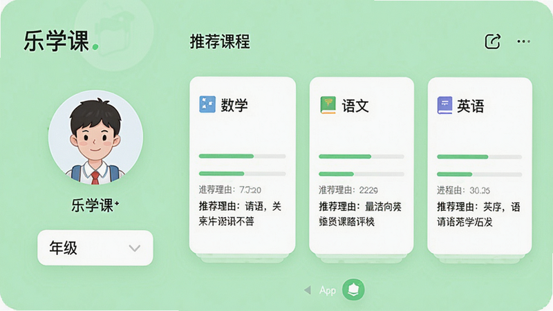一张展示“乐学课”APP智能推荐功能的界面截图风格图片,左侧是学生头像和年级选择,右侧是推荐课程卡片,卡片上标有“数学”“语文”“英语”等科目,背景为浅绿色,整体布局清晰,风格现代,细节包括进度条和推荐理由,画质干净,无多余元素