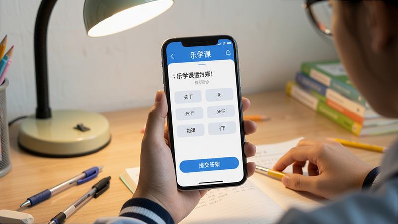 一幅展示学生使用“乐学课”APP做练习的场景,画面中央是手机屏幕,屏幕上有练习题和选项按钮,下方有“提交答案”按钮,屏幕上方显示“乐学课”字样,背景是书桌和台灯,风格写实,布局自然,细节包括笔和橡皮,画质清晰,无多余元素