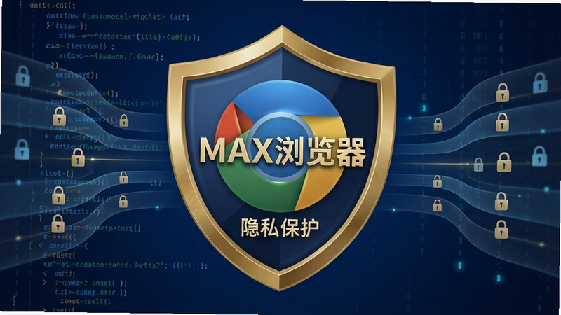 主体:盾牌图标与MAX浏览器logo结合,背景为代码与数据流。布局:盾牌居中,两侧有半透明数据流线条。排版:盾牌上有“MAX浏览器”字样,下方有“隐私保护”小字。风格:科技安全风,深蓝色背景,金色盾牌。细节:数据流带有微小锁形图案,整体质感高级,画质:4K超清,干净无冗余。