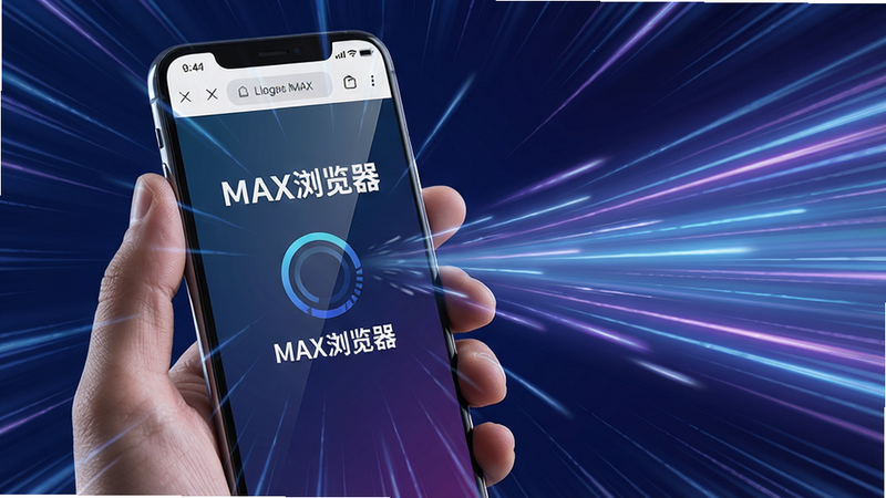 主体:智能手机握持手中,屏幕显示MAX浏览器页面加载完毕的瞬间,周围有速度线特效。布局:手机位于画面中央偏左,右侧留出空间给流动的光效。排版:屏幕上有“MAX浏览器”字样与圆形加速图标。风格:科技感,蓝紫色调,动态效果。细节:速度线呈放射状,屏幕反光清晰,画质:高清渲染,干净无杂物。