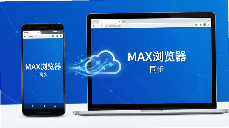主体:安卓手机与电脑并排放置,屏幕同时显示MAX浏览器界面。布局:手机在左,电脑在右,中间有云同步图标。排版:屏幕上显示“MAX浏览器”字样,下方有“同步”小字。风格:商务科技感,蓝色背景,白色线条。细节:同步图标有流动光效,画质:高清,干净无多余元素。