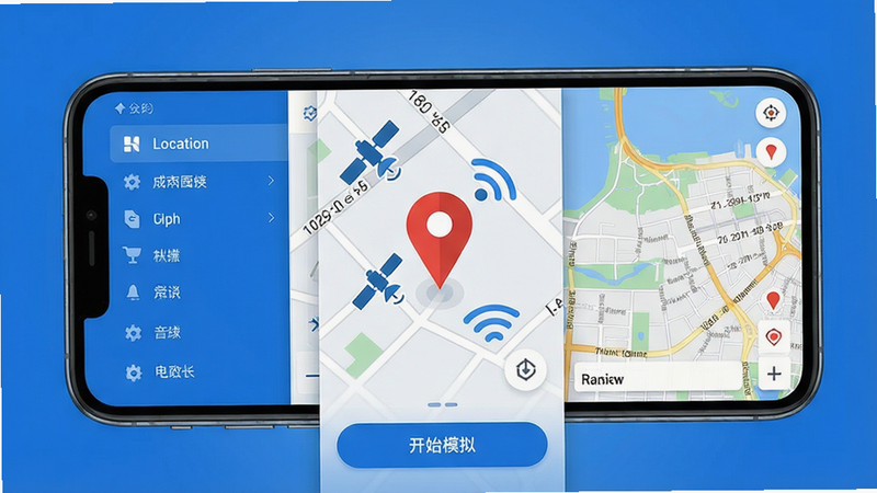 主体:一部智能手机屏幕显示Location软件界面,地图上有一个醒目的红色定位标记,周围有卫星和网络信号图标;布局:手机居中,界面元素环绕分布,左侧有功能菜单列表,右侧为地图预览;排版:现代感UI设计,图标扁平化,色彩以蓝色和白色为主;风格:科技感、专业、简洁;细节:地图上显示街道名称和经纬度坐标,屏幕底部有“开始模拟”按钮;画质:高清渲染,干净,无多余元素。