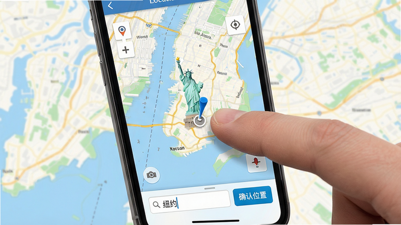 主体:Location软件在手机上的运行界面,显示地图选点页面,手指拖动地图上的坐标针;布局:手机竖屏展示,地图占满屏幕,底部有搜索框和“确认位置”按钮;排版:简洁的交互设计,地图色彩真实,按钮醒目;风格:实用、直观、专业;细节:搜索框内输入“纽约”关键词,坐标针指向自由女神像附近;画质:清晰细腻,干净,无多余元素。