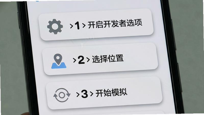 主体:手机屏幕展示Location使用指南界面,有步骤编号和箭头指示;布局:步骤从上到下排列,左侧有图标,右侧有文字说明;排版:教程风格,背景为浅灰色,步骤卡片有圆角阴影;风格:教育性、清晰、友好;细节:步骤1为“开启开发者选项”,步骤2为“选择位置”,步骤3为“开始模拟”;画质:干净,无多余元素。