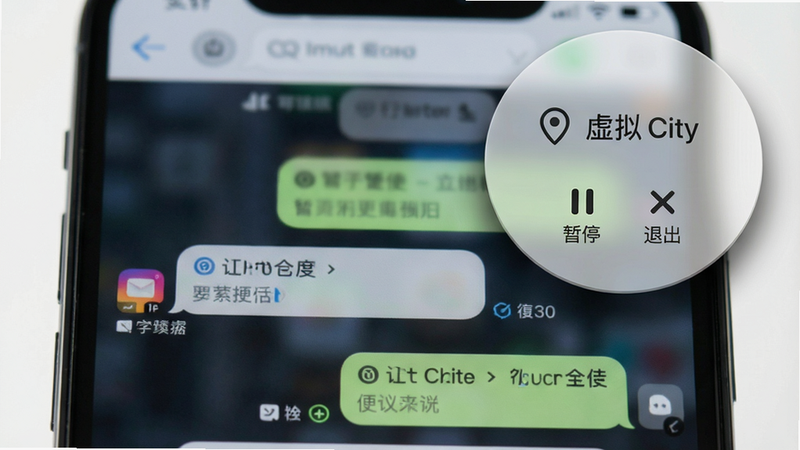 主体:手机屏幕上方悬浮一个半透明圆形控件,显示Location图标和当前虚拟城市名;布局:屏幕背景为聊天界面,悬浮窗位于右上角;排版:悬浮窗简洁,有“暂停”和“退出”小图标;风格:轻量、便捷、不干扰;细节:悬浮窗边缘有阴影特效,位置可拖动;画质:干净,无多余元素。