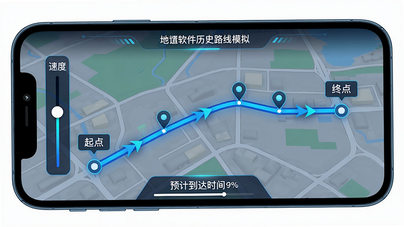 主体:Location软件的历史路线模拟功能界面,地图上显示一条从起点到终点的蓝色路线,带有方向箭头;布局:手机横屏展示,路线贯穿屏幕中央,左侧有速度调节滑块;排版:科技感数据可视化风格,路线清晰标注“起点”和“终点”;风格:动态、流畅、智能;细节:路线上有多个定位点,底部显示预计到达时间;画质:高清,干净,无多余元素。