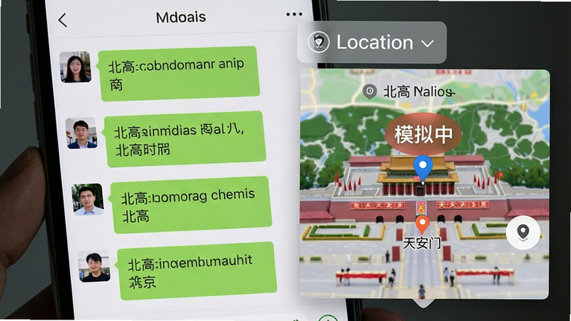 主体:手机屏幕上微信聊天界面,上方有Location悬浮窗,地图上显示虚拟位置为北京;布局:屏幕左侧为聊天对话,右侧悬浮窗显示当前定位;排版:对比明显,悬浮窗半透明;风格:警示性、现实、清晰;细节:悬浮窗上有“模拟中”字样,地图上标注“天安门”;画质:干净,无多余元素。