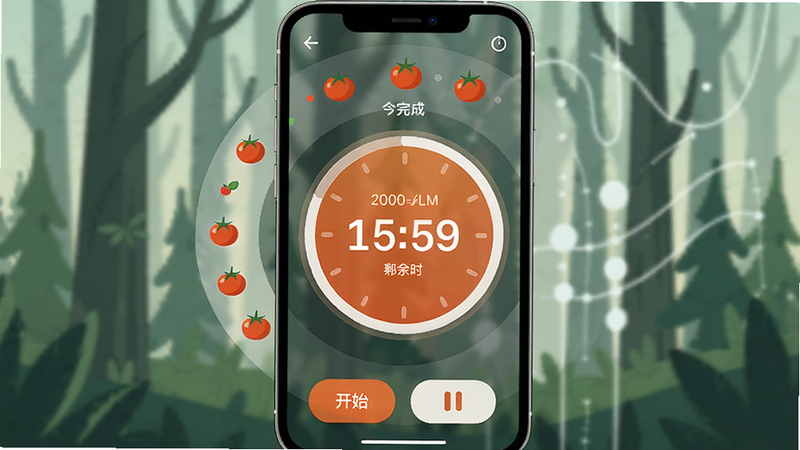 时间规划管理大师应用在手机上的番茄钟计时界面,一个大大的圆形计时器显示剩余时间,周围环绕着今日完成的番茄数量图标,背景有模糊的森林白噪音动画,界面简洁,色彩清新,手机下方有开始暂停按钮,整体风格温馨而专注,画质高清,无多余元素