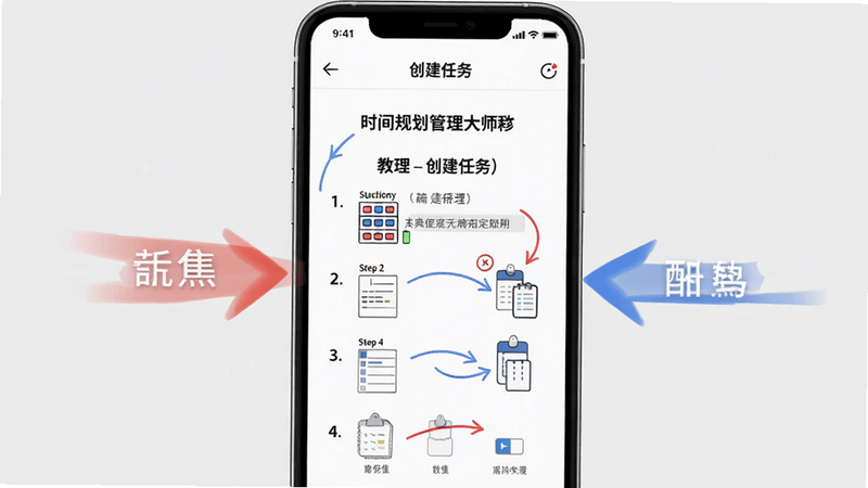 时间规划管理大师应用在手机上的使用教程页面,屏幕中展示如何创建任务的步骤图示,背景是纯色浅灰,手机屏幕内容清晰,配有红色和蓝色标注箭头,画面整洁,风格教学化,画质高清,无多余元素