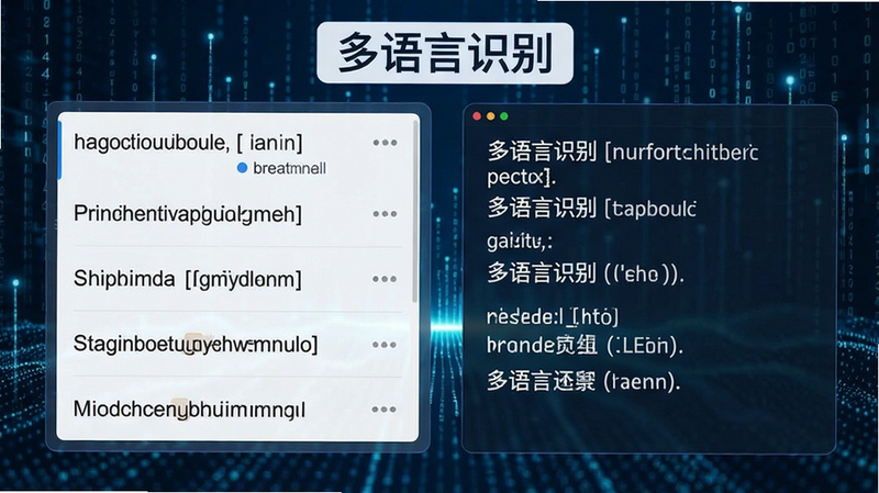 一张展示录音文字转换专家多语言识别功能的预览图,画面左侧为不同语言的录音文件列表,右侧为对应转写出的文字结果,背景为科技感的数据流,整体布局清晰,风格专业,画质干净,无多余元素,图片中文字标注“多语言识别”