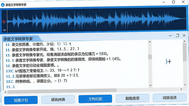 一张展示录音文字转换专家软件主界面的高清截图,界面布局简洁,上方为录音波形动态显示,中间为实时转写文字流,下方为功能按钮,整体风格现代科技感,色调以蓝色和白色为主,画质清晰,干净无多余元素,图片中文字标注“录音文字转换专家”