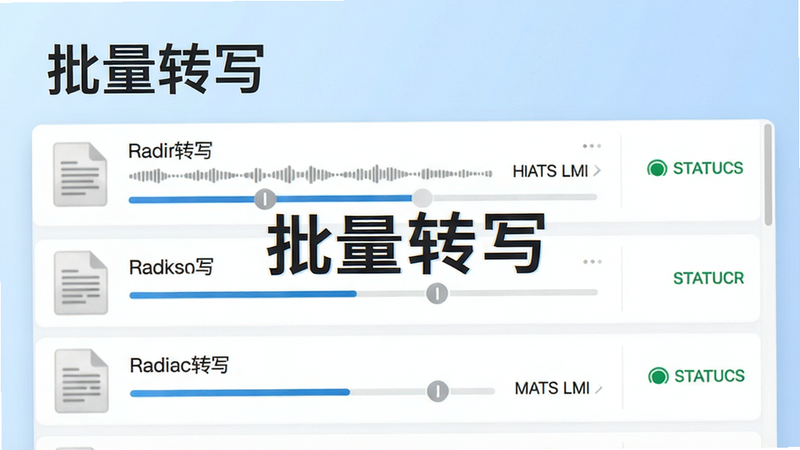 一张展示录音文字转换专家批量处理录音文件的界面截图,画面中多个音频文件整齐排列在列表中,每个文件旁都有转写进度条和状态标识,背景为淡蓝色渐变,风格简洁明了,画质清晰,无多余元素,图片中文字标注“批量转写”
