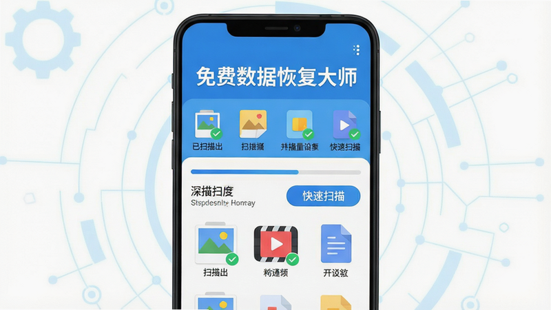 主体:一部安卓手机屏幕显示“免费数据恢复大师”主界面,界面中有扫描进度条和已扫描出的照片、视频、文档缩略图,背景为浅蓝色科技感网格。布局:手机居中,界面元素清晰,四周留白。排版:主标题“免费数据恢复大师”用白色粗体字置于界面顶部,下方为功能图标排列。风格:扁平化插画风格,色彩明亮,干净整洁。细节:扫描文件带有绿色对勾标记,界面有“深度扫描”“快速扫描”两个按钮。画质:高清,干净,无多余元素。