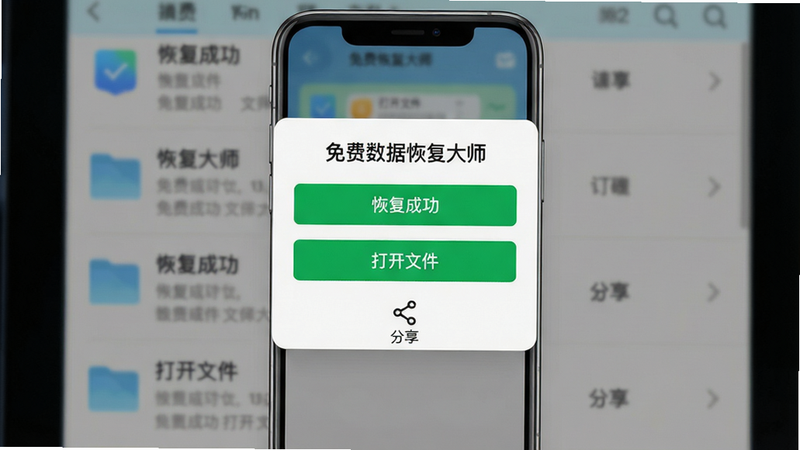 主体:手机屏幕显示一个文件恢复成功的弹窗,弹窗上有“恢复成功”和“打开文件”按钮,背景是模糊的文件列表。布局:弹窗居中,手机整体清晰。排版:弹窗标题为“免费数据恢复大师”,按钮为绿色。风格:UI设计风格,简洁。细节:弹窗底部有“分享”图标。画质:高清,干净,无多余元素。
