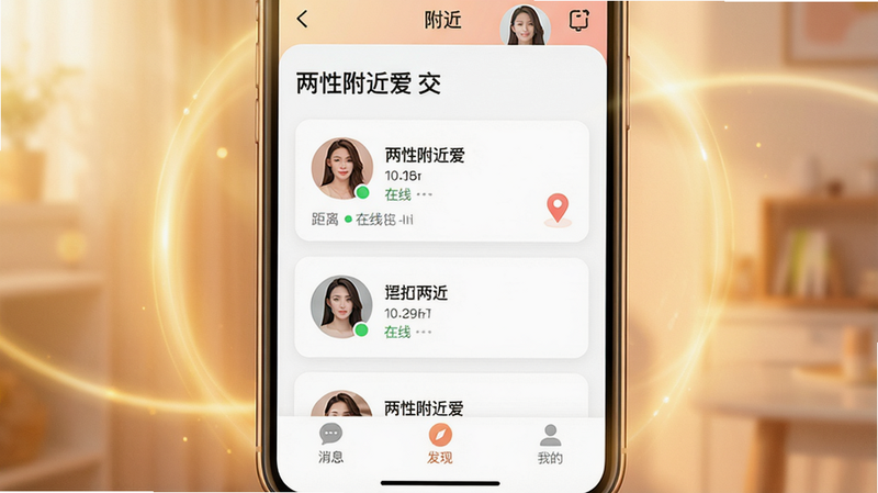 主体:手机屏幕上展示“两性附近爱”交友软件界面,界面中有附近用户头像卡片和地理位置标记。布局:中心构图,手机屏幕特写,周围有柔光效果。排版:屏幕内容清晰可见,上下各留白。风格:现代科技感,色调明亮偏暖。细节:头像卡片有距离和在线状态,底部有“消息”、“发现”、“我的”功能栏。画质:高清,干净,无多余元素。