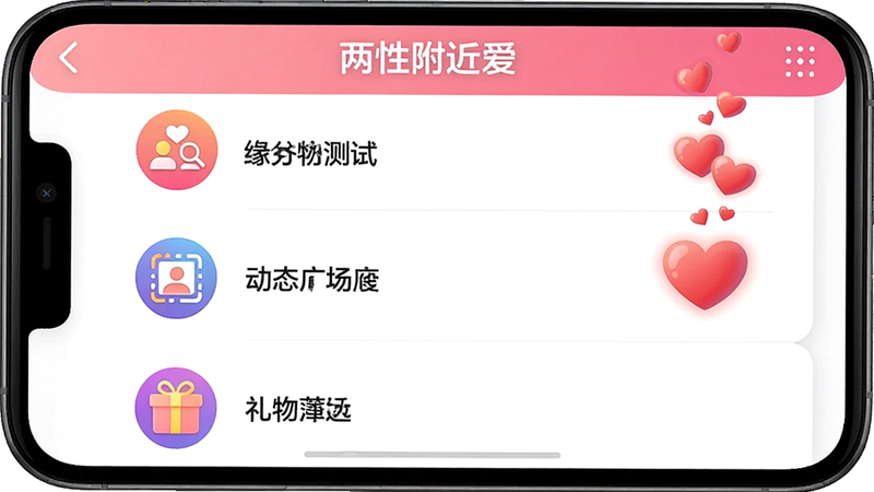 主体:手机屏幕展示“两性附近爱”的互动功能界面,包含“缘分测试”、“动态广场”、“礼物”等图标。布局:上下滑动列表式布局,每个功能占据一行。排版:图标+文字说明,简洁清晰。风格:活泼明快,色彩丰富。细节:有动画效果,如爱心飘落。画质:高清,干净。